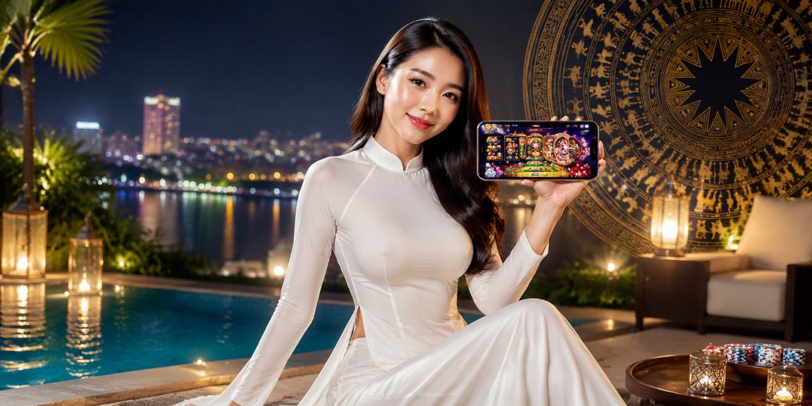 Người dùng Hà Nội chơi casino app slots trên điện thoại với trang phục áo dài