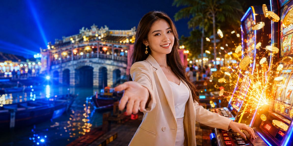 Người chơi slot game tại chợ đêm Hội An trong ánh đèn lồng lung linh