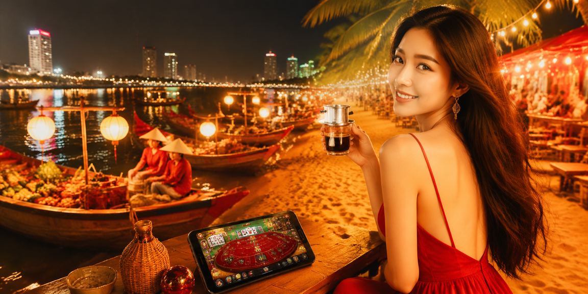Cảnh Nha Trang buổi sáng với người xem kèo cá cược thể thao bên ly cà phê